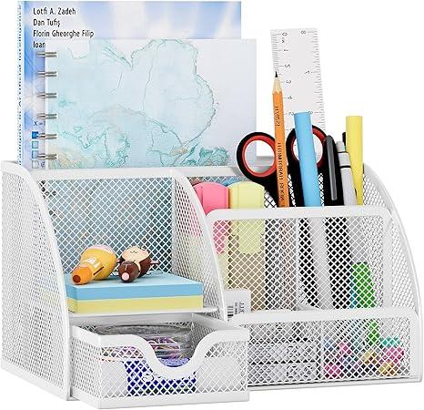 Organizador de escritorio EasyPAG de malla – Multifuncional, 6 compartimientos con cajón, ideal para papelería escolar y oficina, color negro - Tekeno
