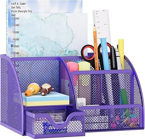 Organizador de escritorio EasyPAG de malla – Multifuncional, 6 compartimientos con cajón, ideal para papelería escolar y oficina, color negro - Tekeno
