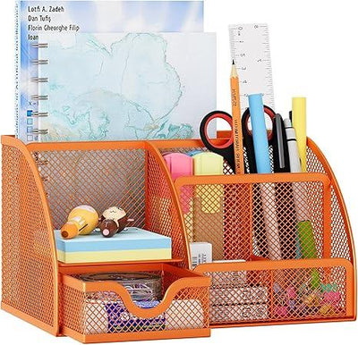 Organizador de escritorio EasyPAG de malla – Multifuncional, 6 compartimientos con cajón, ideal para papelería escolar y oficina, color negro - Tekeno