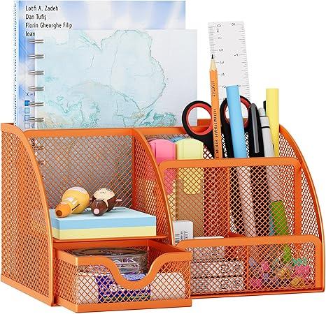 Organizador de escritorio EasyPAG de malla – Multifuncional, 6 compartimientos con cajón, ideal para papelería escolar y oficina, color negro - Tekeno