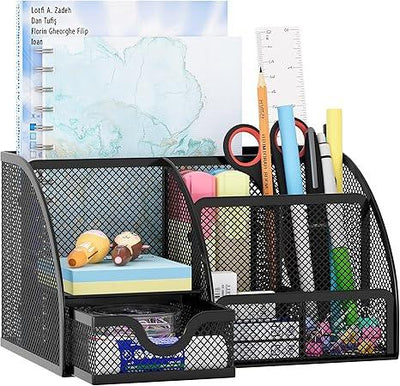 Organizador de escritorio EasyPAG de malla – Multifuncional, 6 compartimientos con cajón, ideal para papelería escolar y oficina, color negro - Tekeno