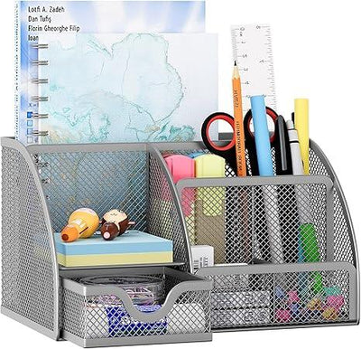 Organizador de escritorio EasyPAG de malla – Multifuncional, 6 compartimientos con cajón, ideal para papelería escolar y oficina, color negro - Tekeno