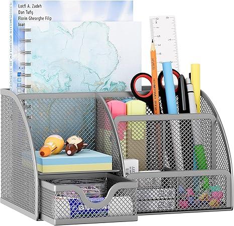 Organizador de escritorio EasyPAG de malla – Multifuncional, 6 compartimientos con cajón, ideal para papelería escolar y oficina, color negro - Tekeno
