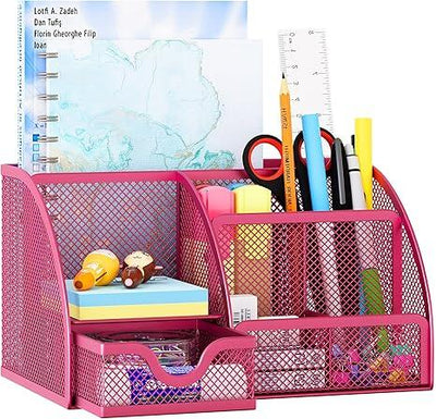 Organizador de escritorio EasyPAG de malla – Multifuncional, 6 compartimientos con cajón, ideal para papelería escolar y oficina, color negro - Tekeno