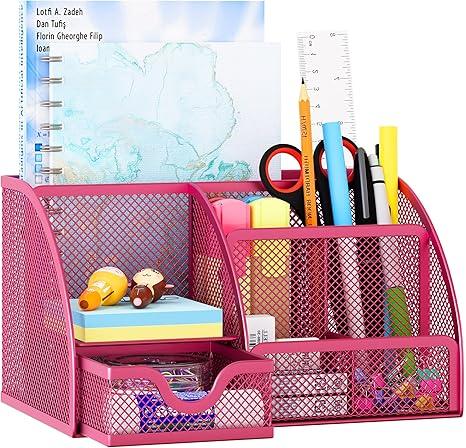 Organizador de escritorio EasyPAG de malla – Multifuncional, 6 compartimientos con cajón, ideal para papelería escolar y oficina, color negro - Tekeno