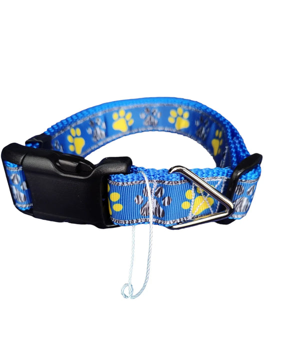 Coleira de Cachorro de Nylon Azul com Patinhas Azuis e Amarelas MD, GR, GG, Guia