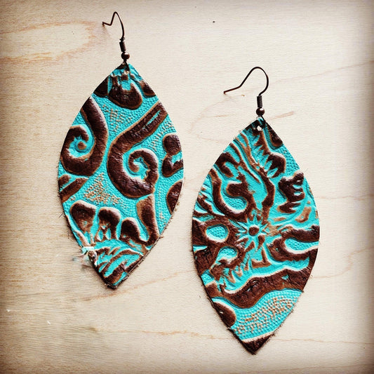 **Leather Oval Earrings Cowboy Turquoise 203a