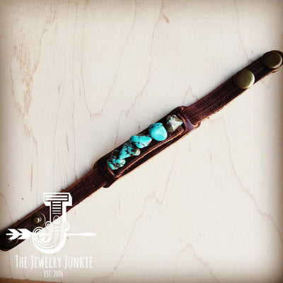 Genuine Leather Narrow Cuff with Blue Turquoise Chunks 002a