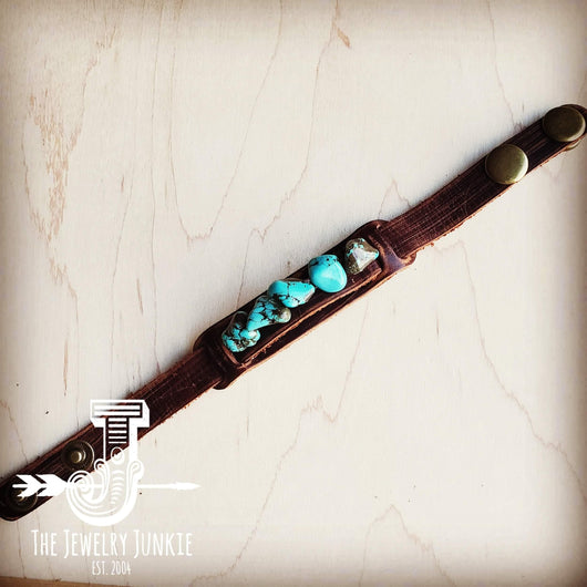 Genuine Leather Narrow Cuff with Blue Turquoise Chunks 002a