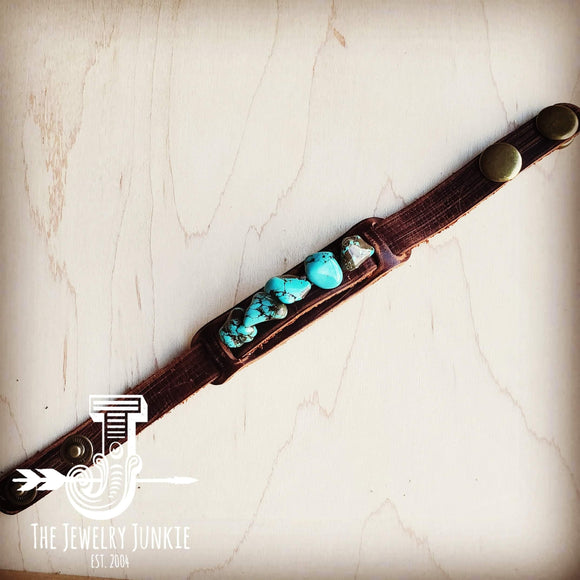Genuine Leather Narrow Cuff with Blue Turquoise Chunks 002a