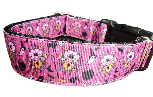 Halloween Floral Witch Dog Collar - Durable Nylon Made in USA
