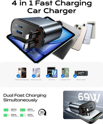 Cargador retráctil lisen para automóvil: carga rápida de 69w para iphone y samsung - Tekeno