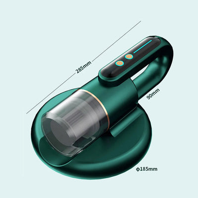 Dark blue handheld bed vacuum cleaner with clear dustbin, gold accents, and illuminated control panel on a charging base. - Image 21