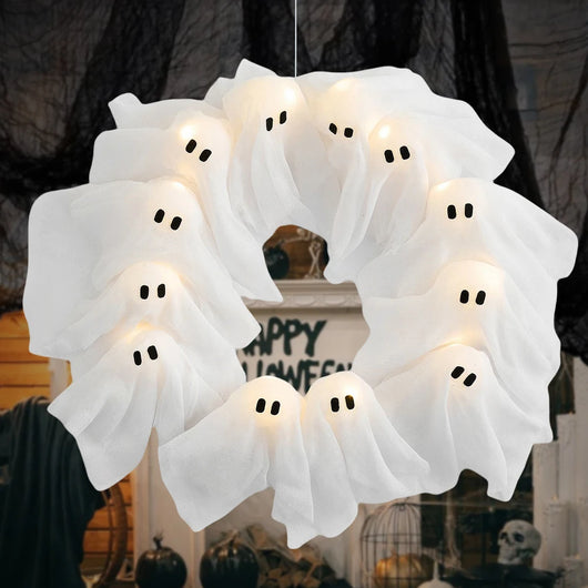 Corona Decorativa de Fantasma para Halloween con Luces LED - Decoración para Puerta y Pared - Image 12