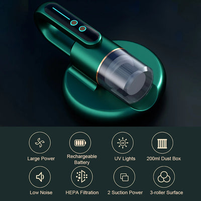 Dark blue handheld bed vacuum cleaner with clear dustbin, gold accents, and illuminated control panel on a charging base. - Image 23