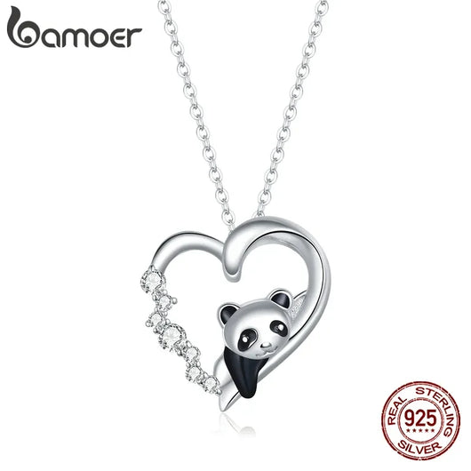 Baby Panda Crystal Heart Sterling Silver Necklace - Tekeno