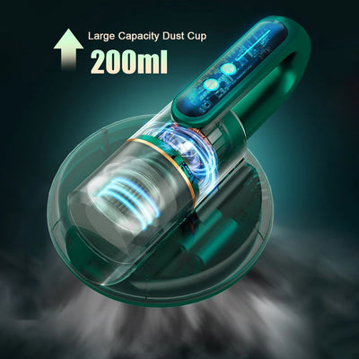 Dark blue handheld bed vacuum cleaner with clear dustbin, gold accents, and illuminated control panel on a charging base. - Image 13