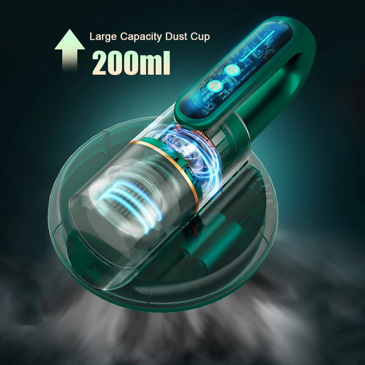 Dark blue handheld bed vacuum cleaner with clear dustbin, gold accents, and illuminated control panel on a charging base. - Image 13