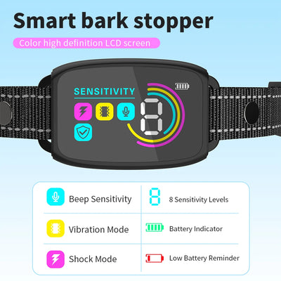 Smart automatic anti-barking dog collar with digital display, portable pet water bottle with food compartment, and a rectangular pet bed. - Image 20