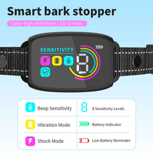 Smart automatic anti-barking dog collar with digital display, portable pet water bottle with food compartment, and a rectangular pet bed. - Image 20