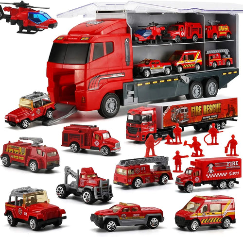 Set 19 Pzas Bombero: Camión Transportador, Mini Vehículos y Figuras - Tekeno
