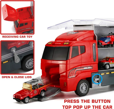 Set 19 Pzas Bombero: Camión Transportador, Mini Vehículos y Figuras - Tekeno