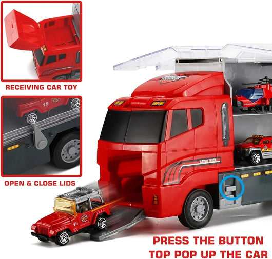 Set 19 Pzas Bombero: Camión Transportador, Mini Vehículos y Figuras - Tekeno
