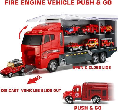 Set 19 Pzas Bombero: Camión Transportador, Mini Vehículos y Figuras - Tekeno