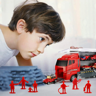 Set 19 Pzas Bombero: Camión Transportador, Mini Vehículos y Figuras - Tekeno