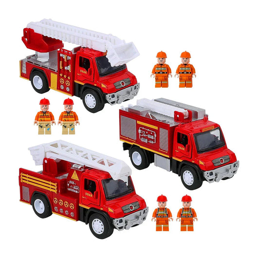 Set 3 Camiones de Bomberos 5.5" + 6 Figuras Metal Fundido - Tekeno
