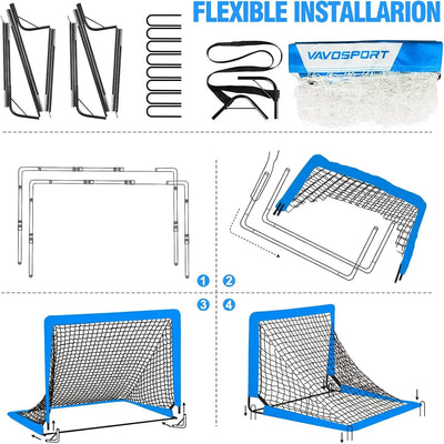 VAVOSPORT - Set de Porterías de Fútbol Portátiles 4'x3' para Niños | Incluye Balón, Bomba y Conos | Entrenamiento en Casa y Jardín - Tekeno