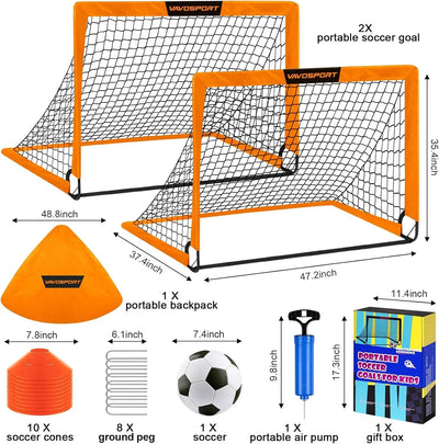VAVOSPORT - Set de Porterías de Fútbol Portátiles 4'x3' para Niños | Incluye Balón, Bomba y Conos | Entrenamiento en Casa y Jardín - Tekeno
