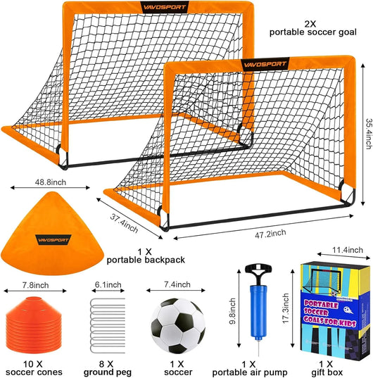 VAVOSPORT - Set de Porterías de Fútbol Portátiles 4'x3' para Niños | Incluye Balón, Bomba y Conos | Entrenamiento en Casa y Jardín - Tekeno