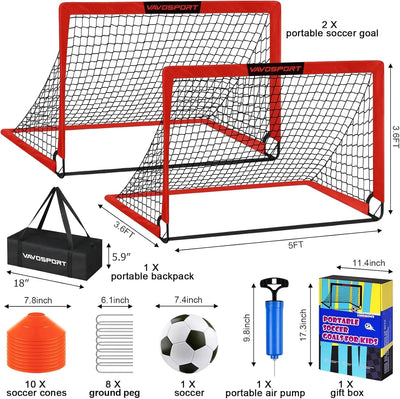 VAVOSPORT - Set de Porterías de Fútbol Portátiles 4'x3' para Niños | Incluye Balón, Bomba y Conos | Entrenamiento en Casa y Jardín - Tekeno