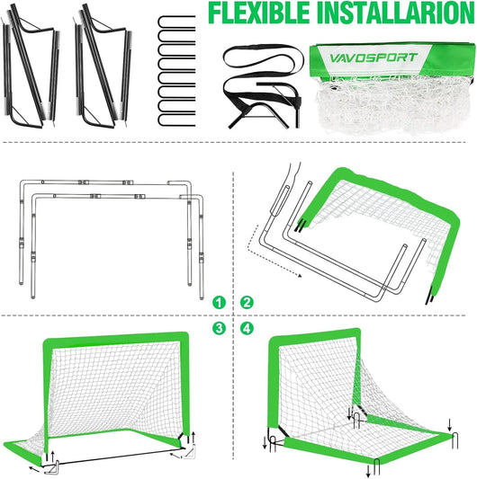 VAVOSPORT - Set de Porterías de Fútbol Portátiles 4'x3' para Niños | Incluye Balón, Bomba y Conos | Entrenamiento en Casa y Jardín - Tekeno