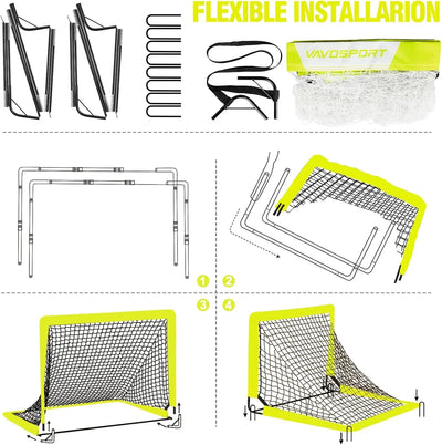VAVOSPORT - Set de Porterías de Fútbol Portátiles 4'x3' para Niños | Incluye Balón, Bomba y Conos | Entrenamiento en Casa y Jardín - Tekeno