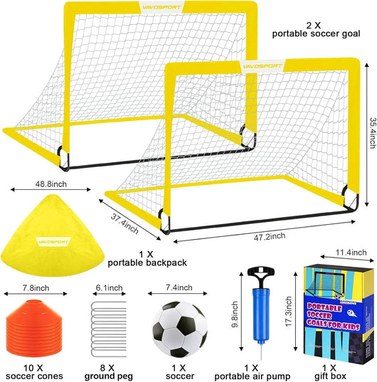 VAVOSPORT - Set de Porterías de Fútbol Portátiles 4'x3' para Niños | Incluye Balón, Bomba y Conos | Entrenamiento en Casa y Jardín - Tekeno