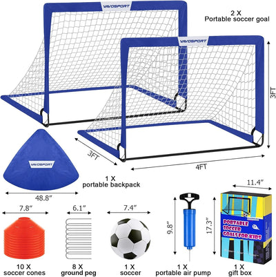 VAVOSPORT - Set de Porterías de Fútbol Portátiles 4'x3' para Niños | Incluye Balón, Bomba y Conos | Entrenamiento en Casa y Jardín - Tekeno