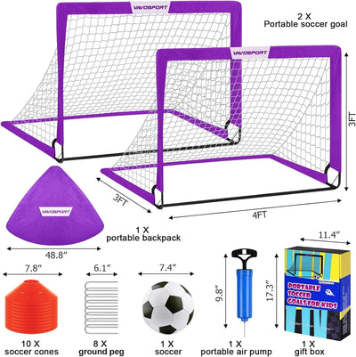 VAVOSPORT - Set de Porterías de Fútbol Portátiles 4'x3' para Niños | Incluye Balón, Bomba y Conos | Entrenamiento en Casa y Jardín - Tekeno