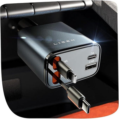 Cargador retráctil lisen para automóvil: carga rápida de 69w para iphone y samsung - Tekeno