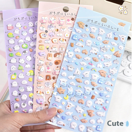 Six sheets of cartoon animal foam particle stickers in various colors and themes, including clouds, food, ghosts, forest animals, and penguins.
