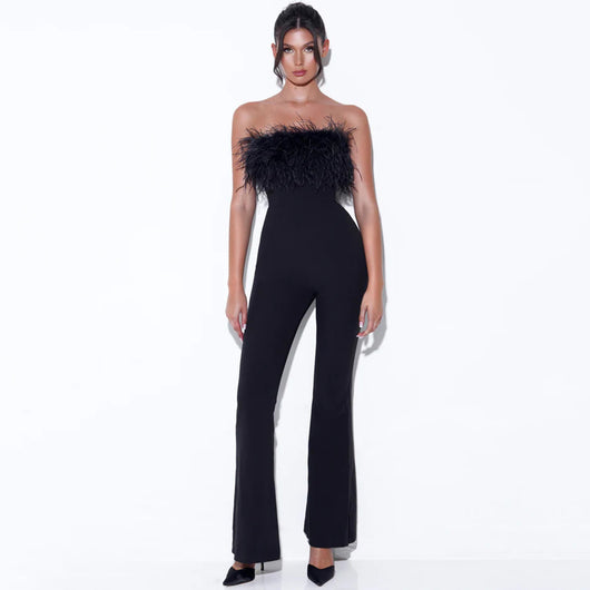 Jumpsuit Elegante con Tubo y Detalles de Plumas - Diseño Bandage Ajustado - Image 10