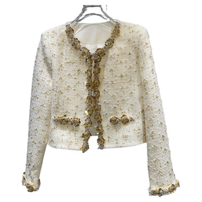 Abrigo Tweed Corto Lujo con Detalles de Flores y Perlas - Image 4