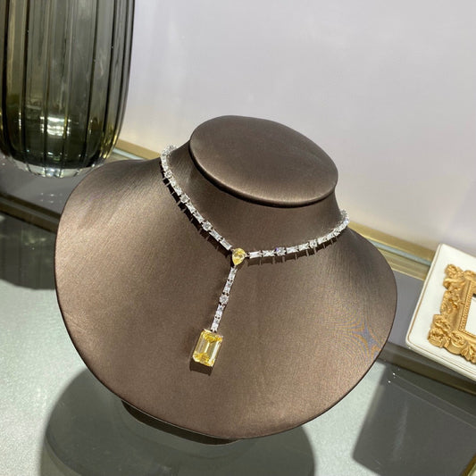 Collar de Plata 925 con Colgante Gota de Agua, Diamante Cuadrado y Borla de Diamante Amarillo