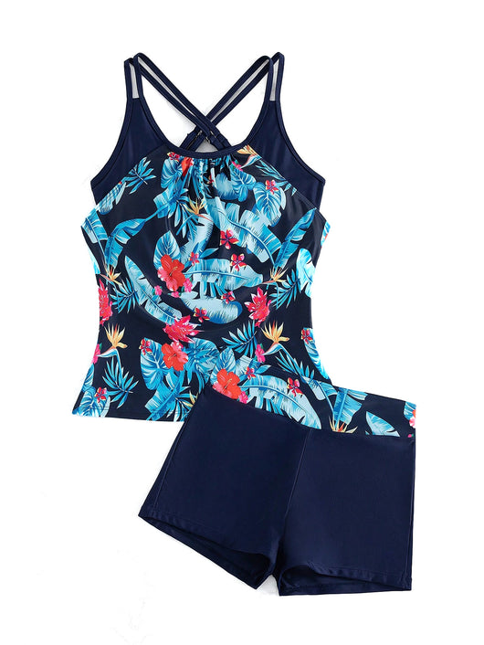 Women's light green high-waisted tankini swimsuit with tropical floral print top and solid swim shorts. - Image 17