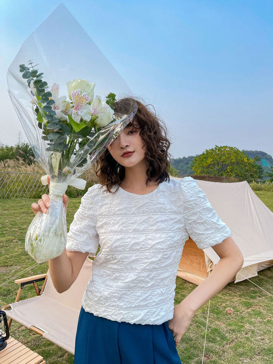 Camiseta Cuello Redondo Bordada Elegante Manga Corta