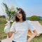 Camiseta Cuello Redondo Bordada Elegante Manga Corta