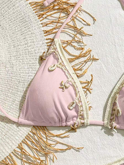Light pink ribbed halterneck bikini with triangle cups and tie-side bottom, adorned with shell and starfish charms. - Image 12