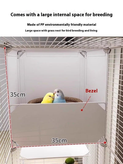 White single-layer bird cage with transparent sides, wire door, perches, bells, and a tunnel, on wheels. - Image 11