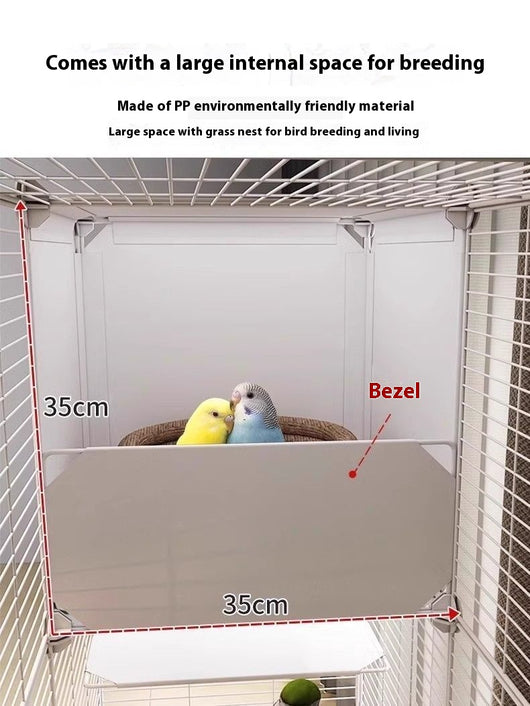 White single-layer bird cage with transparent sides, wire door, perches, bells, and a tunnel, on wheels. - Image 11